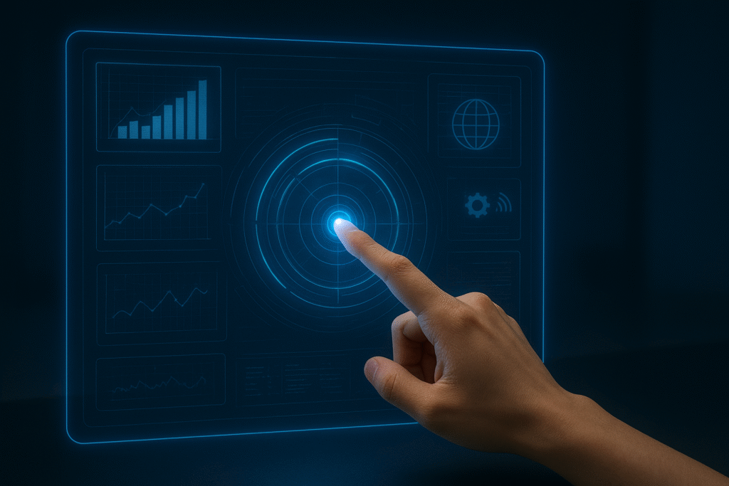 “A human hand interacting with a futuristic blue holographic display showing charts, graphs, and digital data in a dark technology environment.”