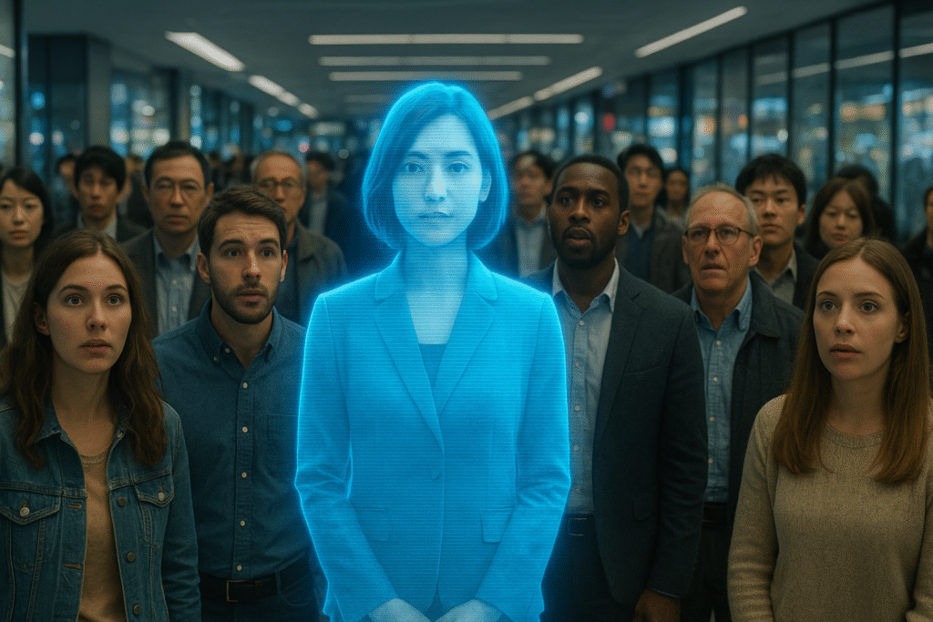 Futuristic holographic display technology in Japan showing glowing 3D data and visuals, representing advanced innovation and digital interaction.”