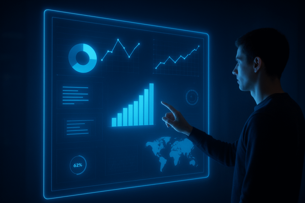 “A man interacting with a futuristic blue holographic display showing 3D charts, graphs, and a world map in a dark digital environment.