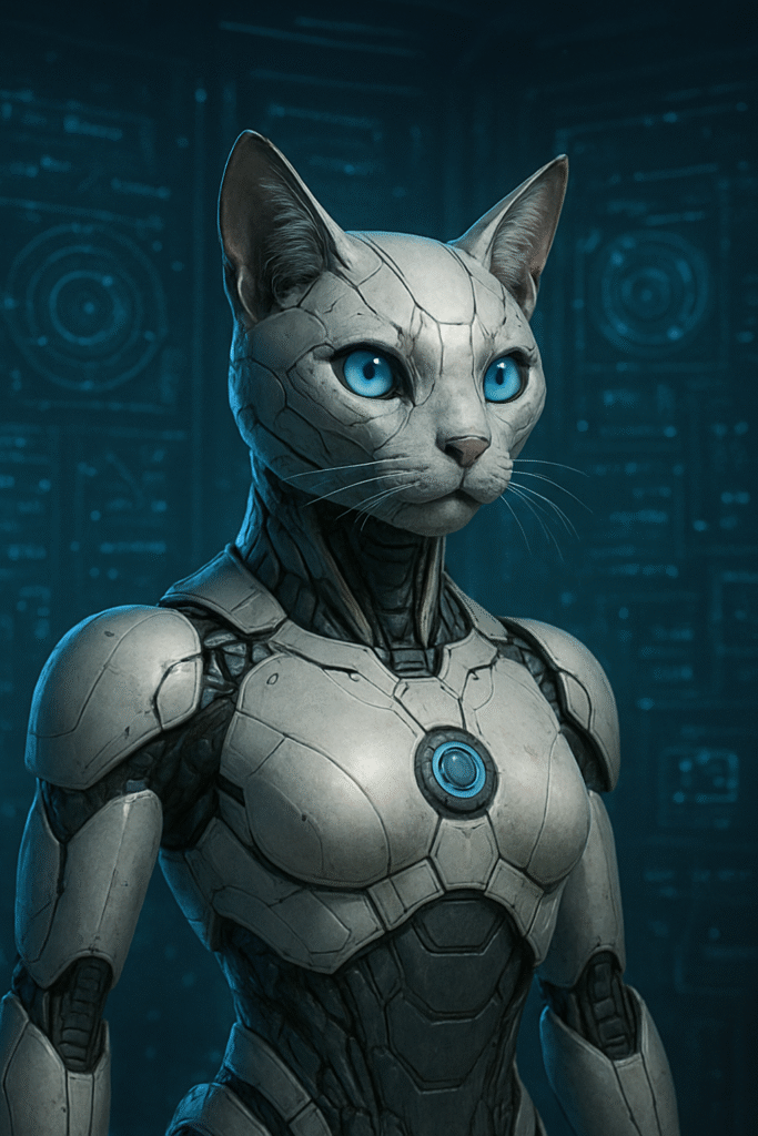 "A futuristic AI robot designed as a humanoid cat with glowing blue eyes, metallic armor plating, and sleek synthetic details, standing in a sci-fi environment with holographic blue digital patterns in the background."