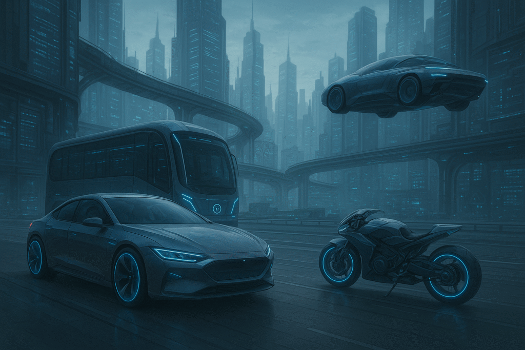 "A futuristic cityscape featuring AI-powered vehicles, including a sleek electric car, a glowing-wheeled motorcycle, an advanced autonomous bus, and a flying car, set against towering skyscrapers and elevated highways illuminated with blue neon lights."