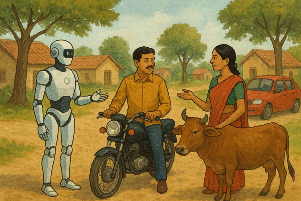 AI robot helping villagers by talking with a man on a bike, a woman with a cow, and near a car in a village.