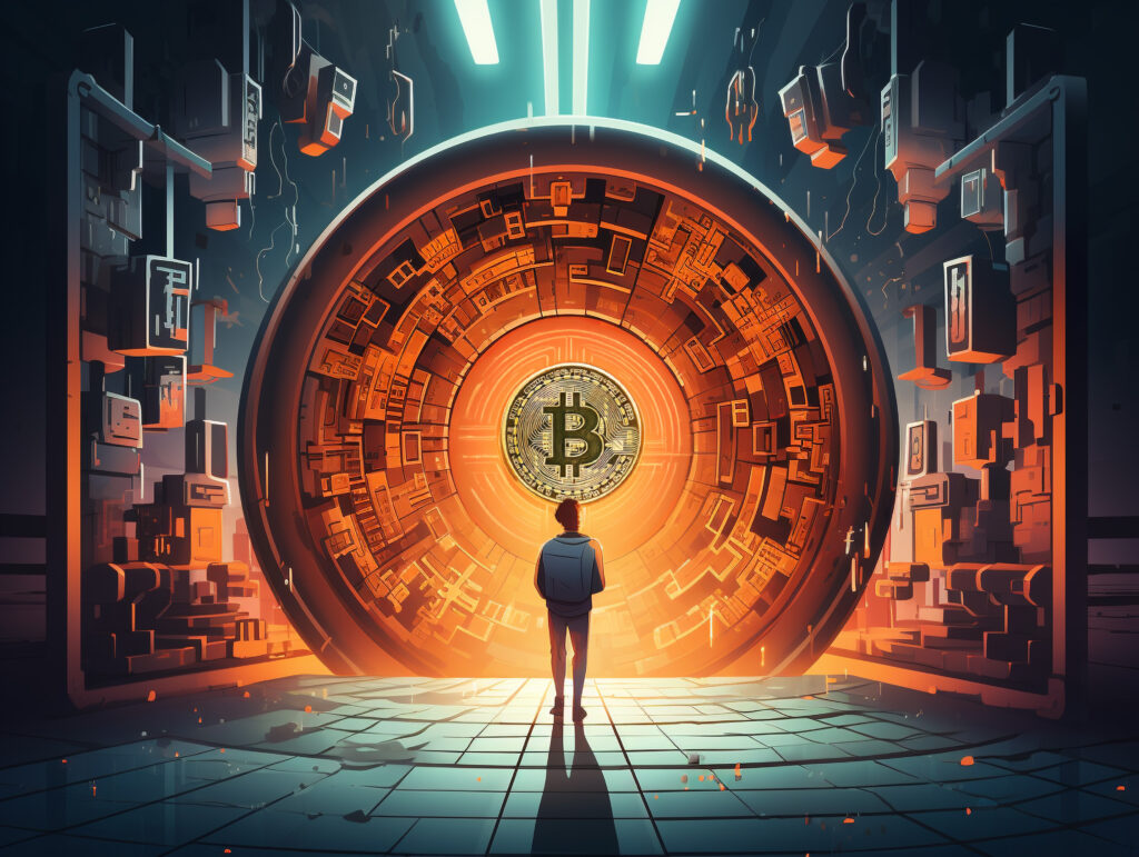 “Digital artwork showing the birth of cryptocurrency in 2009 with a glowing Bitcoin symbol and futuristic blockchain design.”